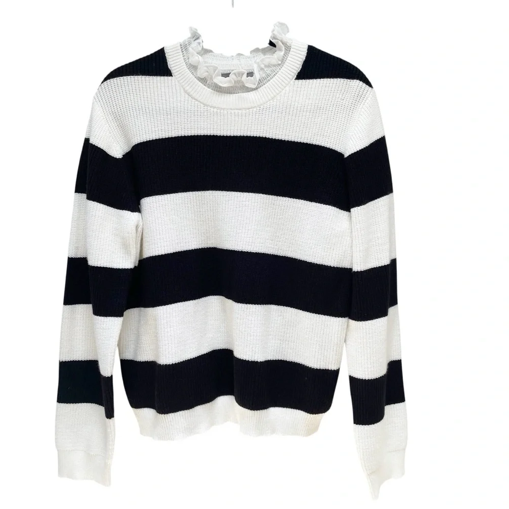 ANTHROPOLOGIE Ruffle Collar Sweater White Black Striped Pullover Medium NWT - Picture 4 of 13